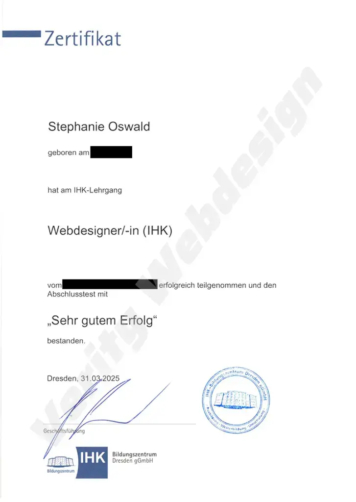 IHK Webdesign Zertifikat 97 Prozent Abschlussnote von Stephanie Oswald